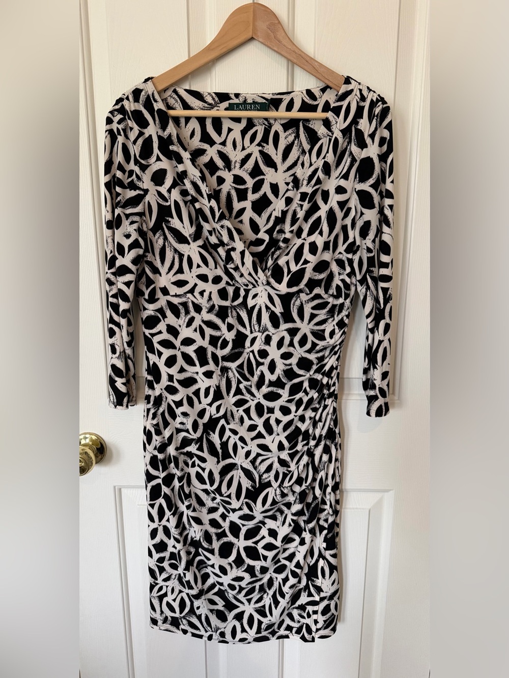 Ralph Lauren Black and cream Abstract Ring-Print faux wrap dress